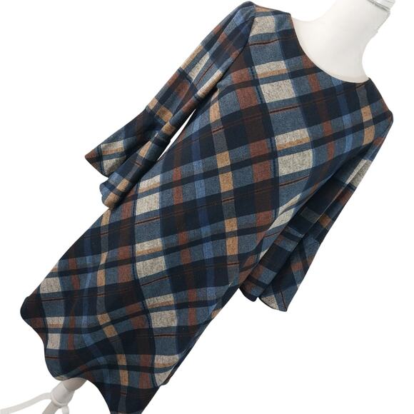 JH! BOLD PLAID NAVY, RUST, WHITE BELL SLEEVE SHIFT STYLE DRESS, SO PRETTY! SZ 8 - Picture 10 of 10